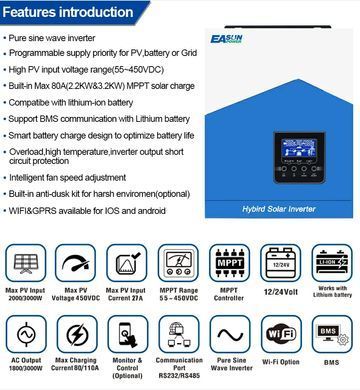 Гибридный солнечный инвертор EASUN POWER 3.2kW 24V ISolar-SMH-II-3.2KW (3200VA/3000W, Max CH 80A, AC 60) Wi-Fi BV-001421 фото