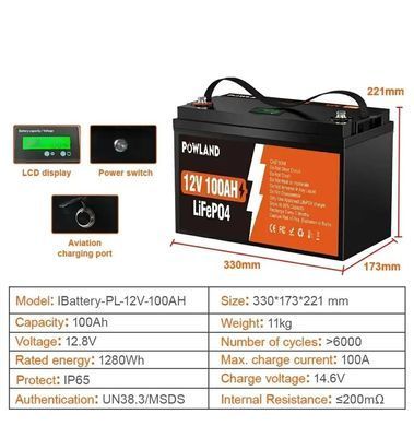 Акумулятор LiFePo4 Powland 12V 100Ah 1280 Wh BMS IBattery-PL-12V-100AH BV-002227 фото