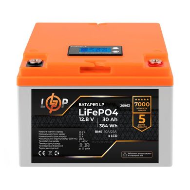 Акумулятор LP LiFePO4 LCD 12V (12,8V) - 30 Ah (384Wh) (BMS 50A/25А) пластик