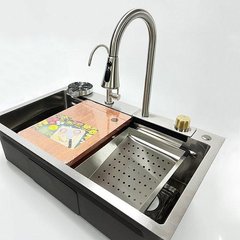 Мийка для кухні з водоспадом/мийкою склянок/багатофункціональна/нерж./ ВОДОПАД Nano Black