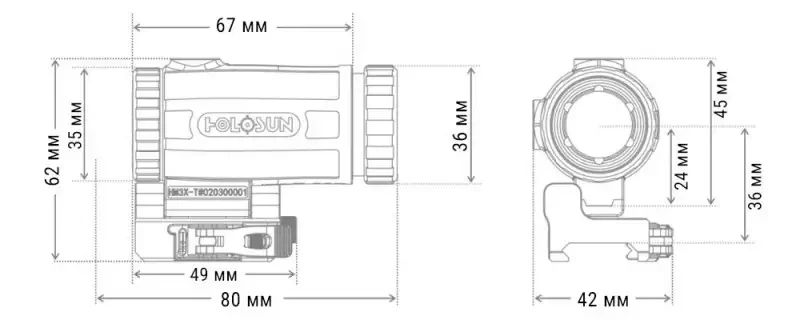 Магнифер Holosun HM3XT Micro 3x с откидным креплением на Weaver/Picatinny